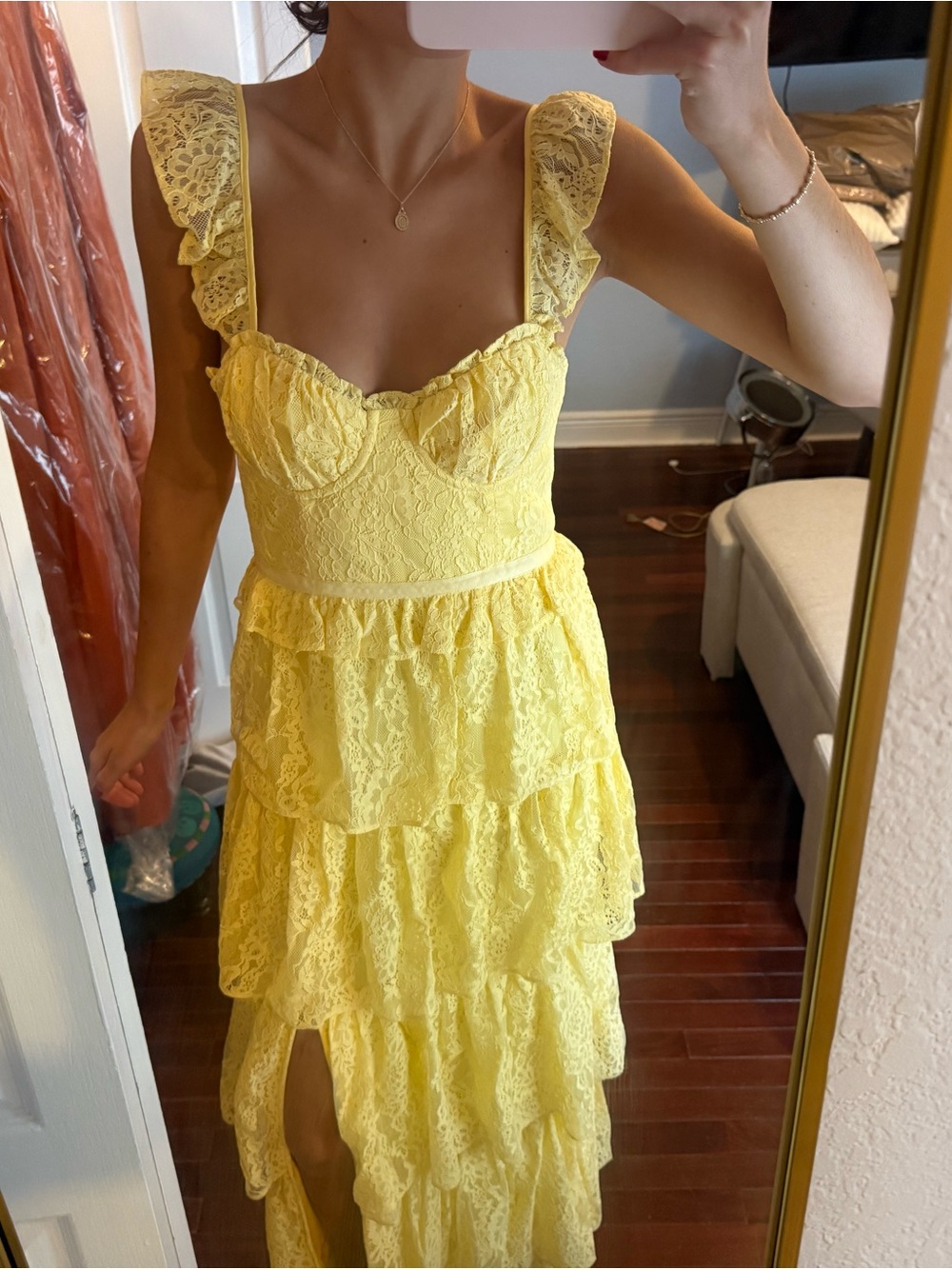Tularosa Sunlit Yellow Lace Tiered Maxi Dress